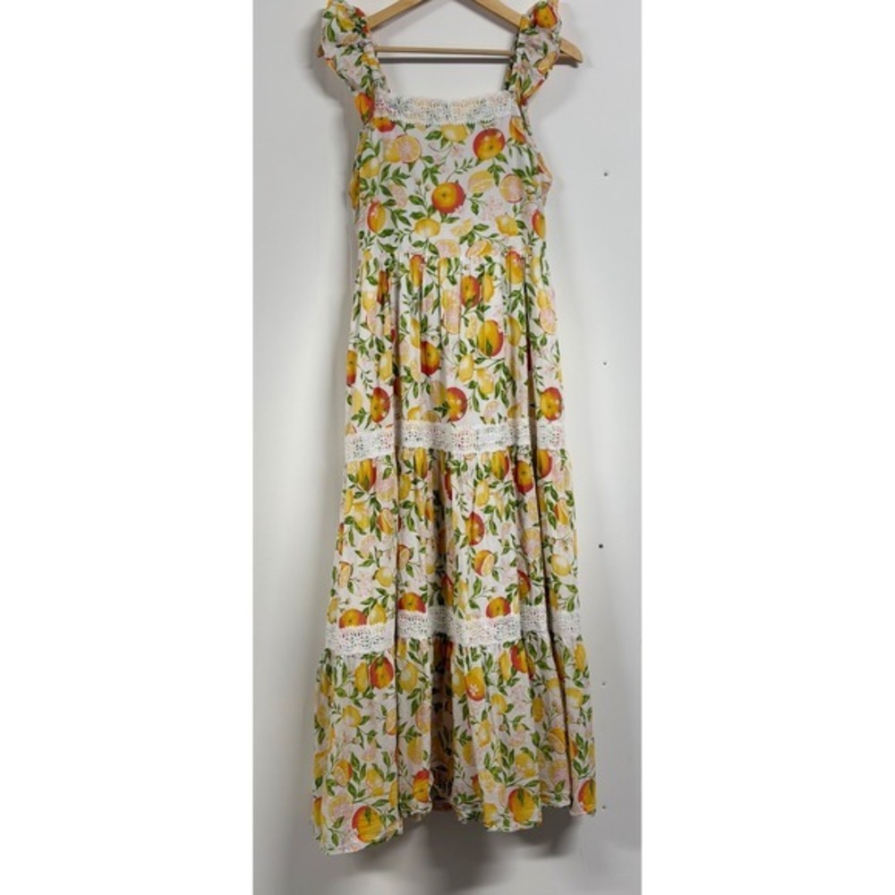 Rachel Zoe Citrus Print Cotton Maxi Dress White Lemon Orange Lace Trim